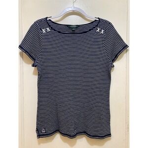 Lauren Ralph Lauren LRL Top Women L Blue White Stripe Nautical Summer Sailor Tee